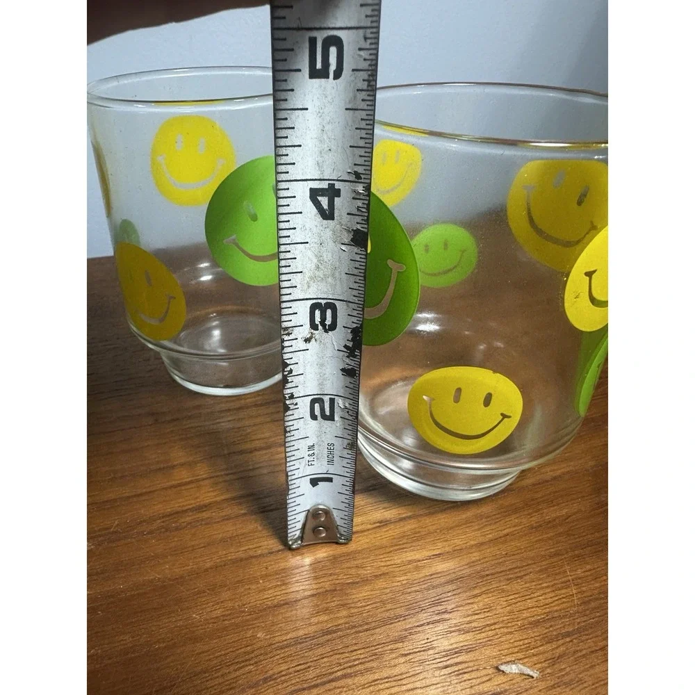 Vintage 70s Smiley Face Stackable Glass Tumblers Yellow & Green-Retro-Set of 4